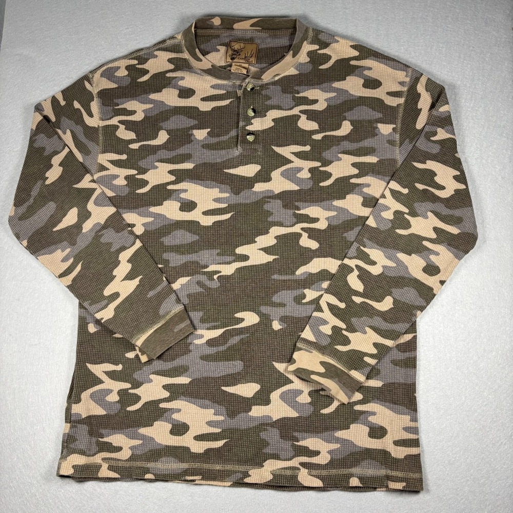 Mens 2X Thermal Henley Shirt Brown Camo Waffle Knit Long Sleeve Canyon Trail